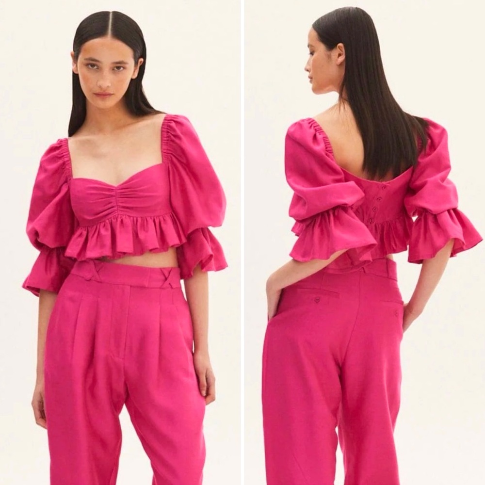 Alemais Blaire Ruffle Blouson Crop Top Fuchsia Pink Puff Silk Cotton 4